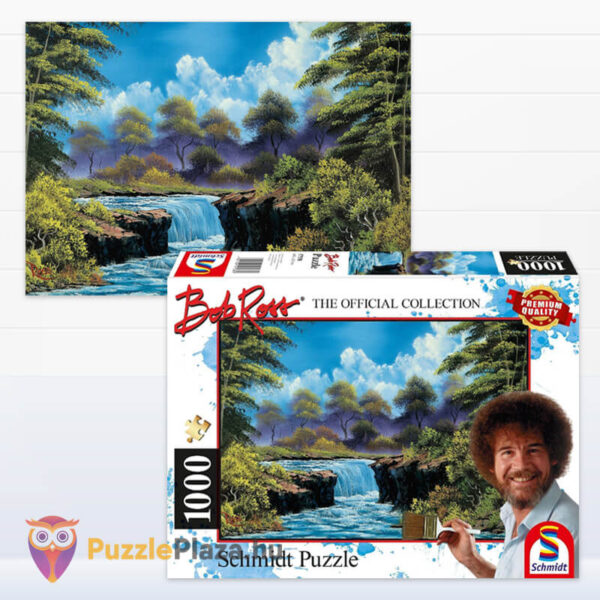 Bob Ross: Vízesés a tisztáson, 1000 db-os puzzle képe és doboza (Schmidt, Waterfall in the glade, 57538)