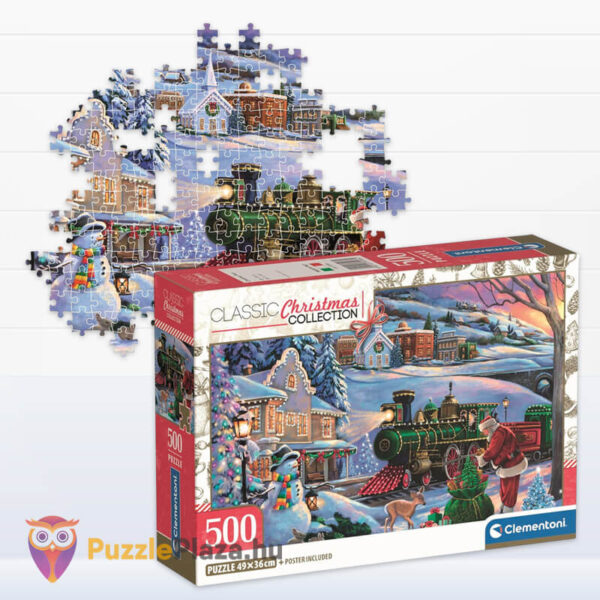 Télapó karácsonyi ajándékvonata, 500 db-os puzzle doboza és részlete (Clementoni Christmas Collection, 35566)